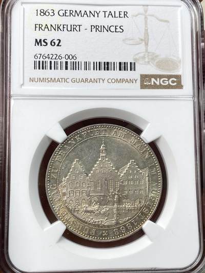 万国钱币拍卖第057期（万国冬季大拍） - NGC MS62 1863法兰克福王子议会1泰勒 经典法兰城景观品种 原味黄油转光状态难得