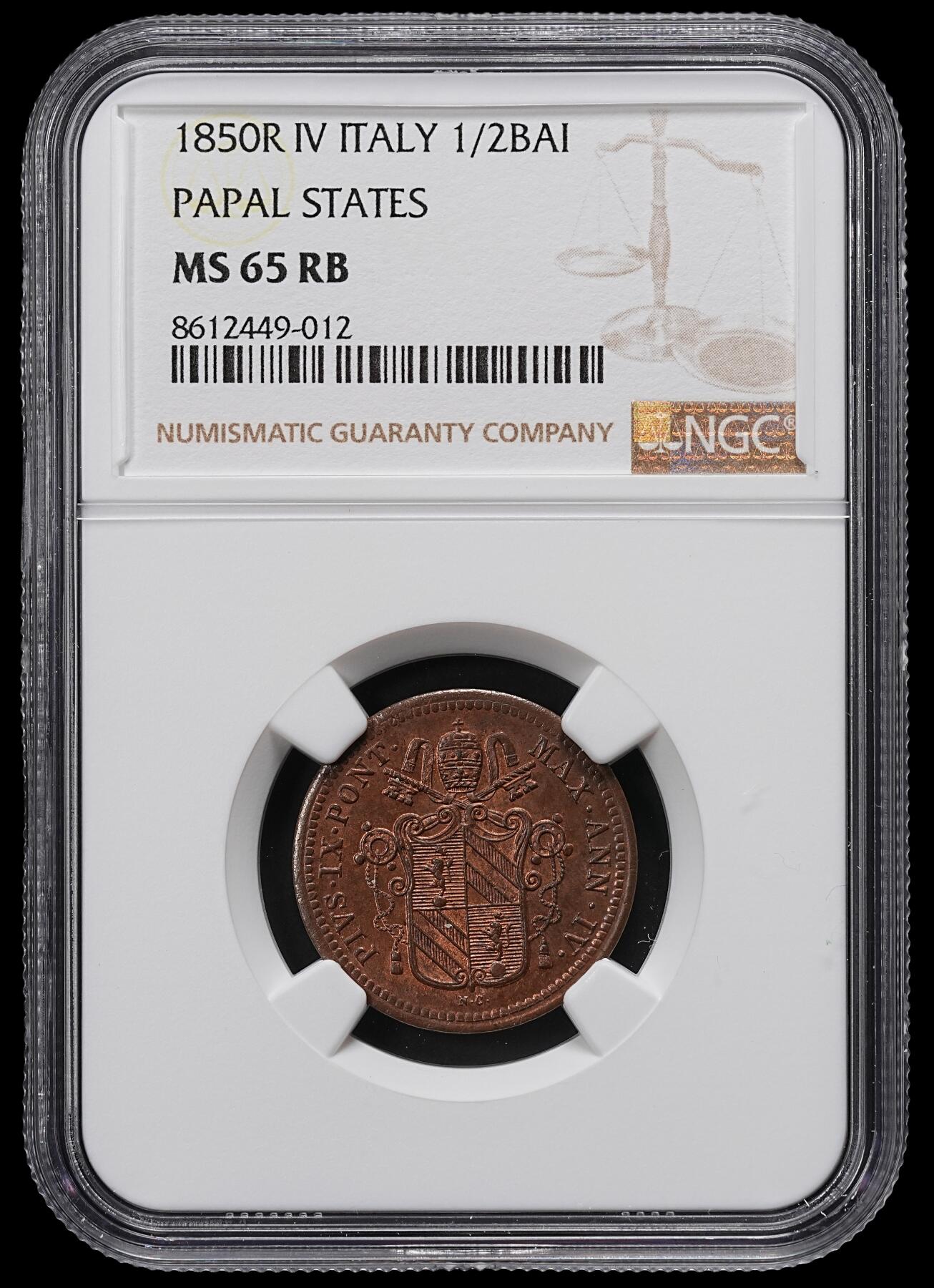 修遠堂世界钱币第九十七期 NGC MS65RB 1850年教皇国 1/2 BAIOCCO铜币 冠军分