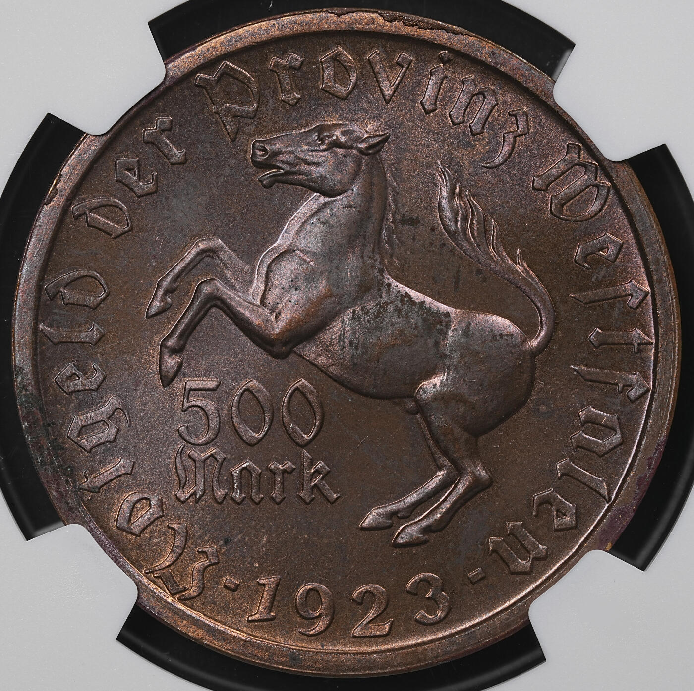 修遠堂世界钱币第九十七期 NGC MS62BN 1923年德国紧急时期威斯特法伦500马克铜马币 女人头