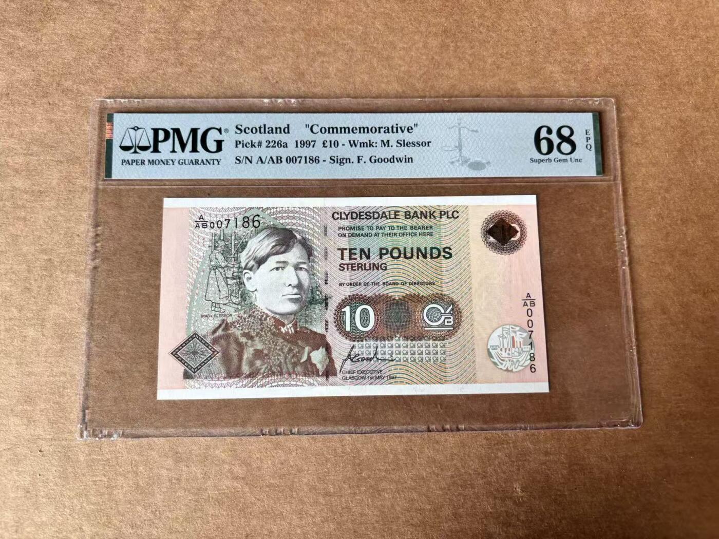 【Blue Auction】世界纸币精拍第761期——18级TOP拍卖/信誉/品质/专业/高效💫 【千位小号】苏格兰 1997年10镑  PMG68EPQ 高分