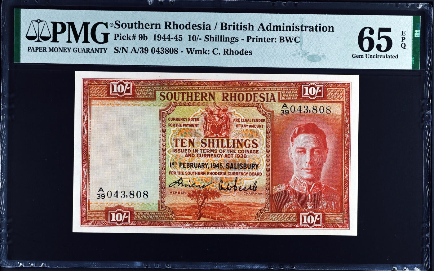 【Blue Auction】世界纸币精拍第761期——18级TOP拍卖/信誉/品质/专业/高效💫  【亚军分 808尾】英属南罗德西亚 1945年10先令 PMG65EPQ 绝品 英王乔六 背面为非洲最大瀑布——维多利亚大瀑布 短暂流通 收藏级的品相 