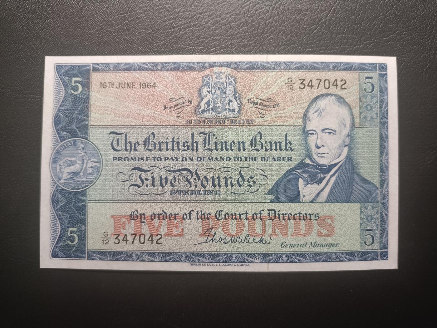 2025十二月第三期，总208期 苏格兰不列颠亚麻银行1964年5镑UNC-，稀有的早期已结业银行中高面值，诗人沃尔特斯科特