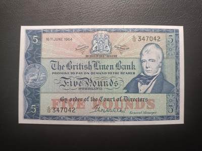 2025十二月第三期，总208期 - 苏格兰不列颠亚麻银行1964年5镑UNC-，稀有的早期已结业银行中高面值，诗人沃尔特斯科特