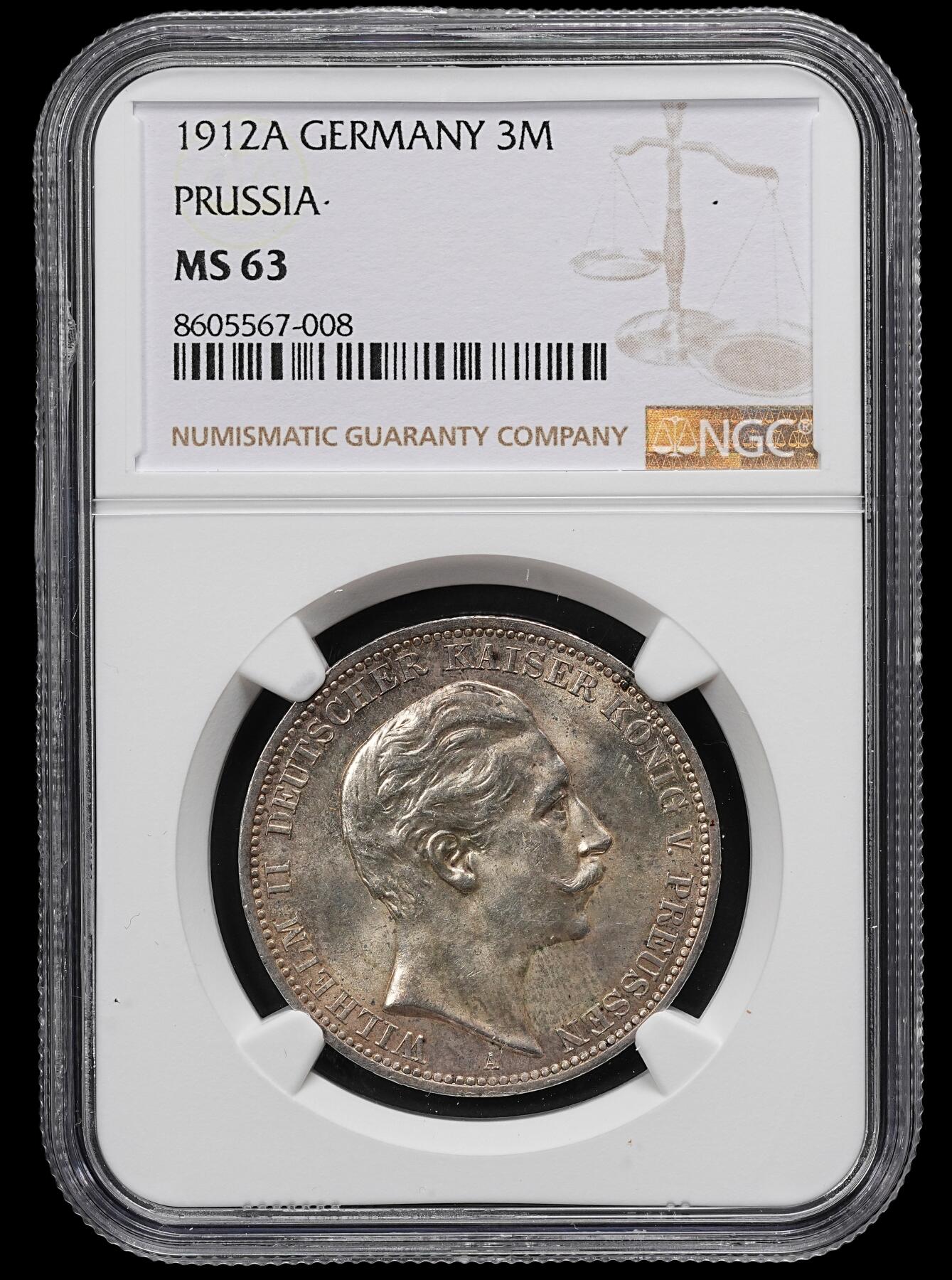 修遠堂世界钱币第九十七期 NGC MS63 1912年普鲁士3马克银币 流通版3马克MS较少见