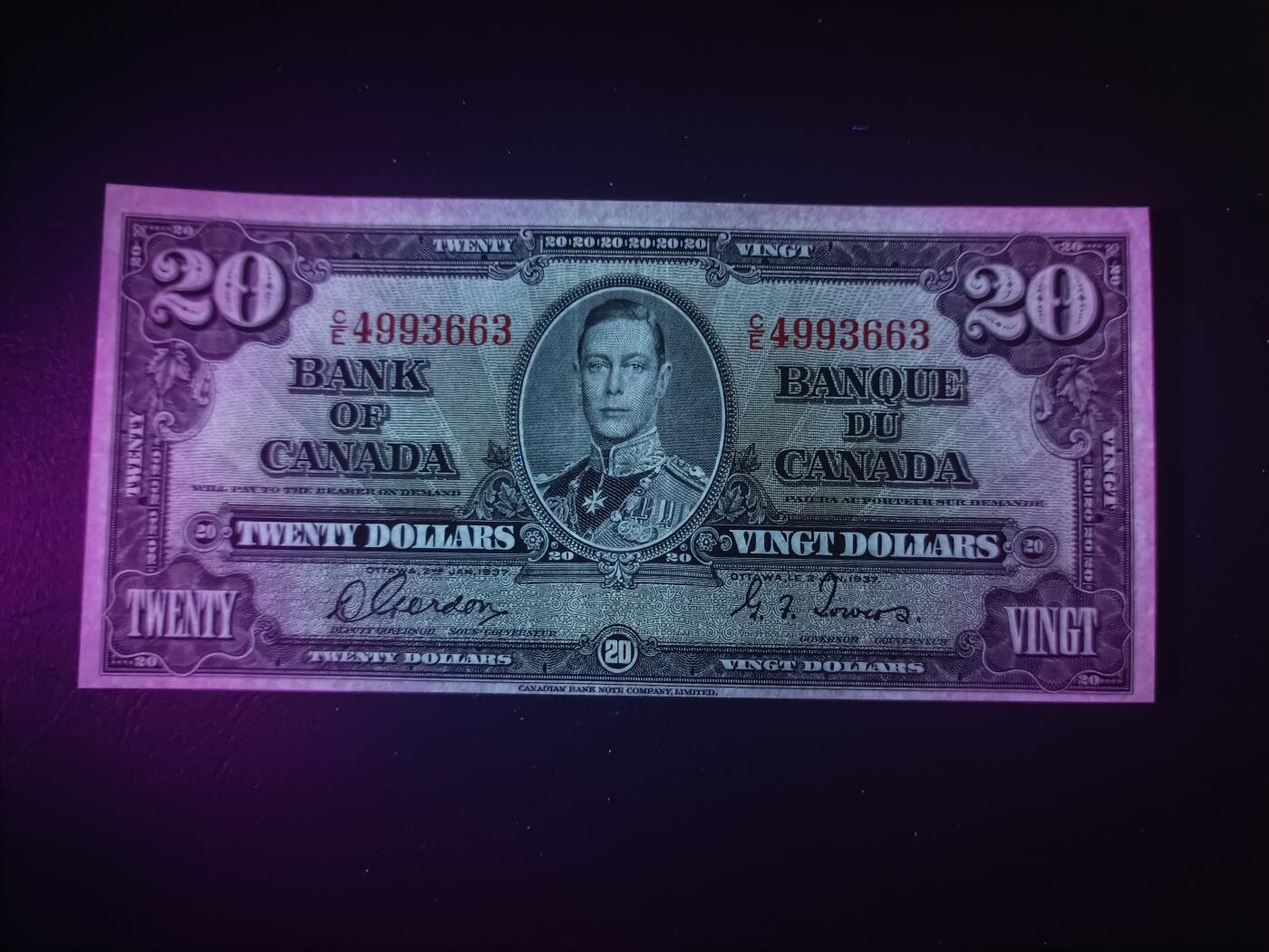 2025十二月第三期，总208期 加拿大1937版20元AUNC，乔治六世国王和农神，稀有中高面值品种