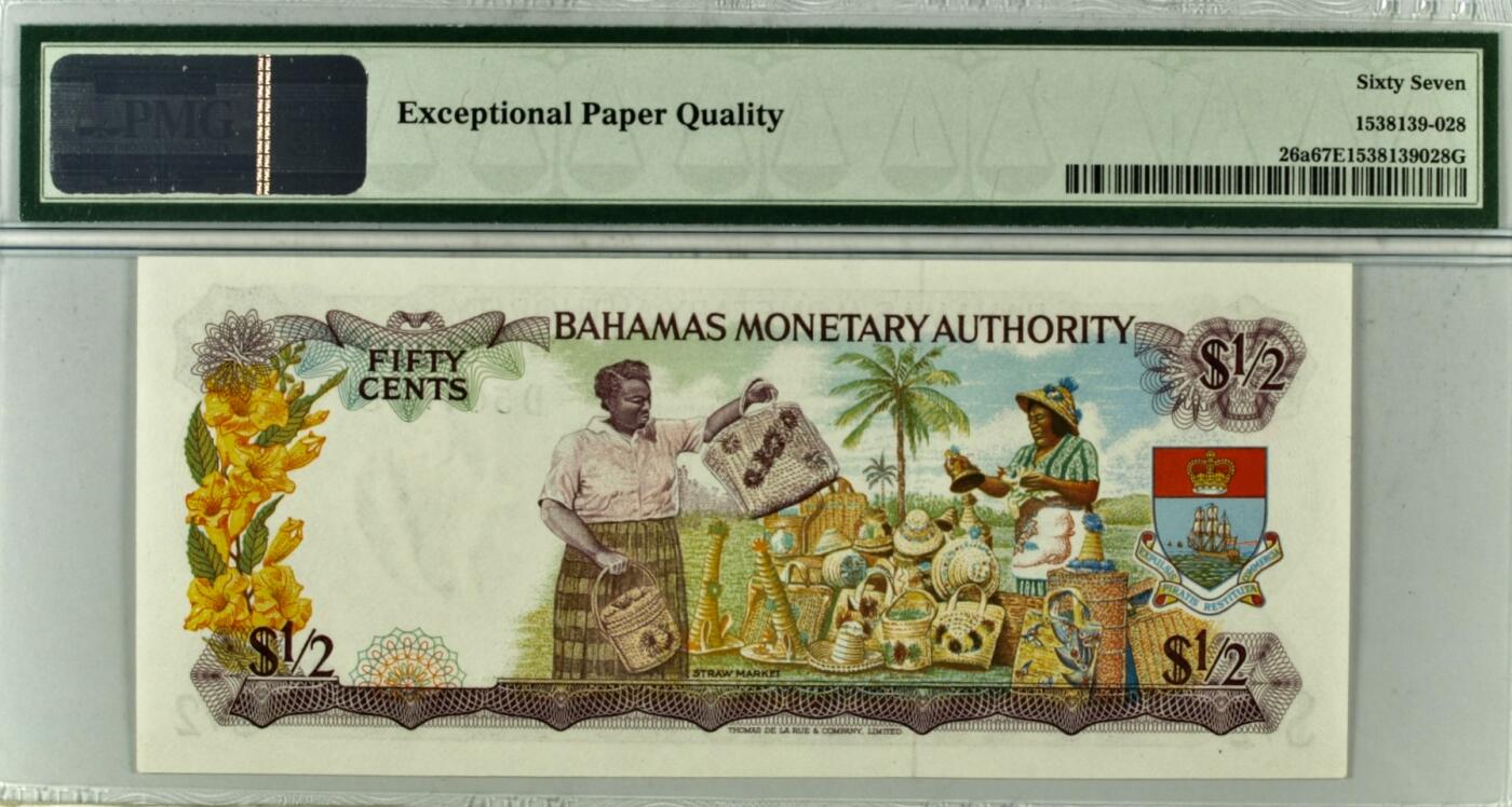 【礼羽收藏】🌏世界钱币拍卖第116期 【乱龙靓号】巴哈马 1968年 1/2元 年轻女王与草编市场 德纳罗彩背 567890靓号 PMG67高分