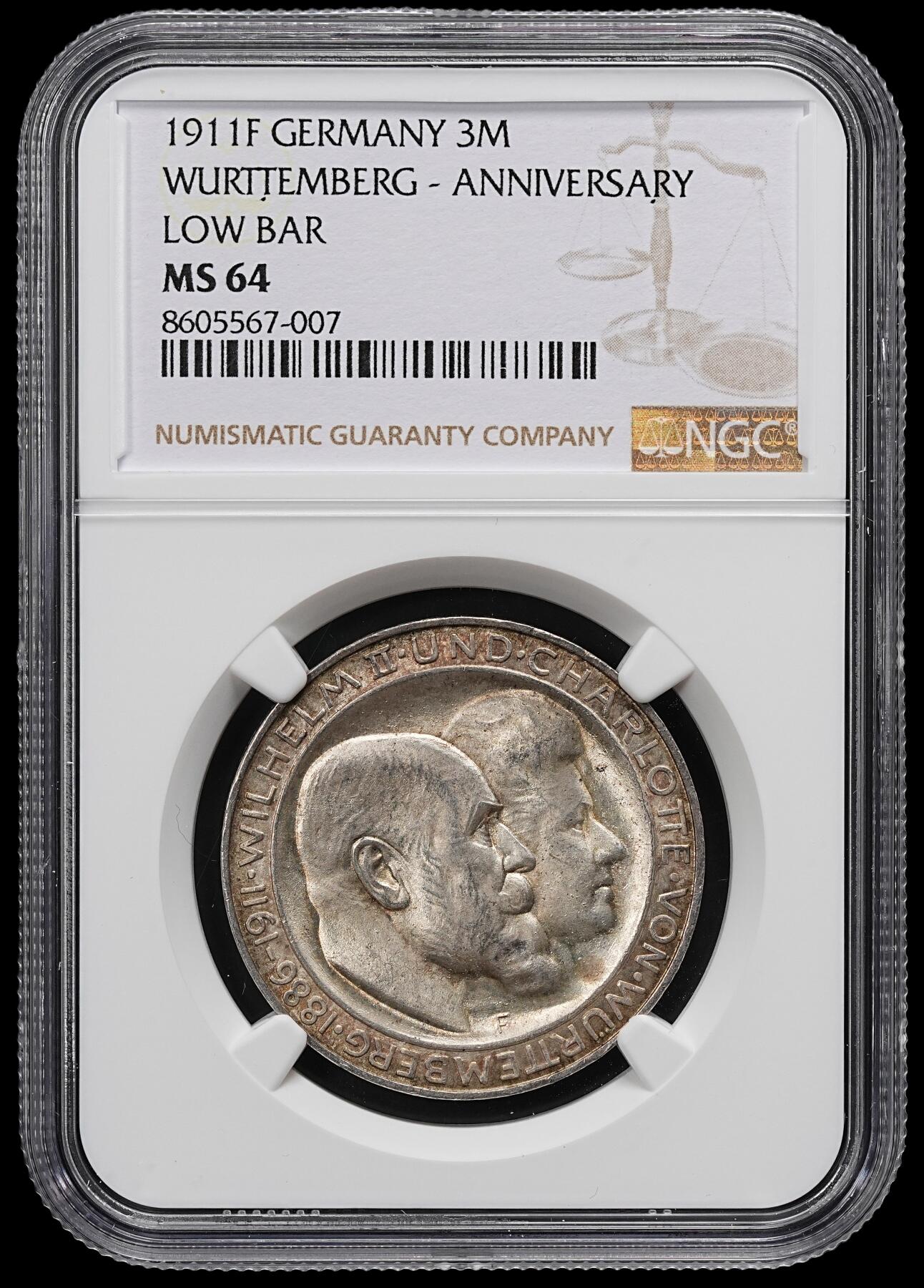 修遠堂世界钱币第九十七期 NGC MS64 1911年符腾堡国王银婚纪念3马克银币