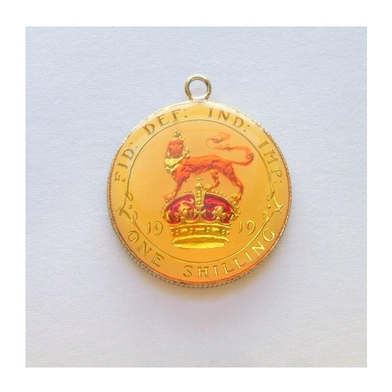 【银】纯手工银 英国1919年乔治五世银币 珐琅彩镀金高浮雕精制银币章吊坠 25MM