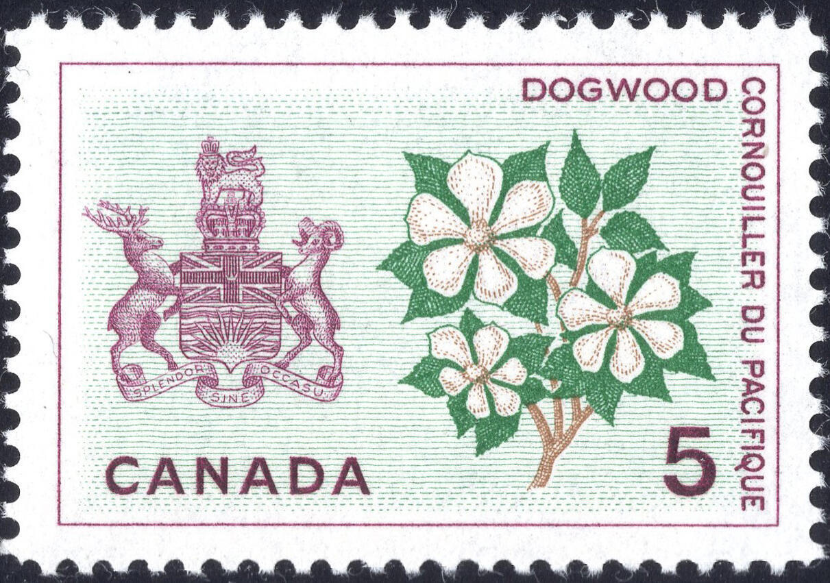 洪涛臻品批发群 精选邮票限时拍卖第1195期  加拿大1966年 山茱萸与英属哥伦比亚省徽章 新票, 精美雕刻版, 原胶完美润亮
