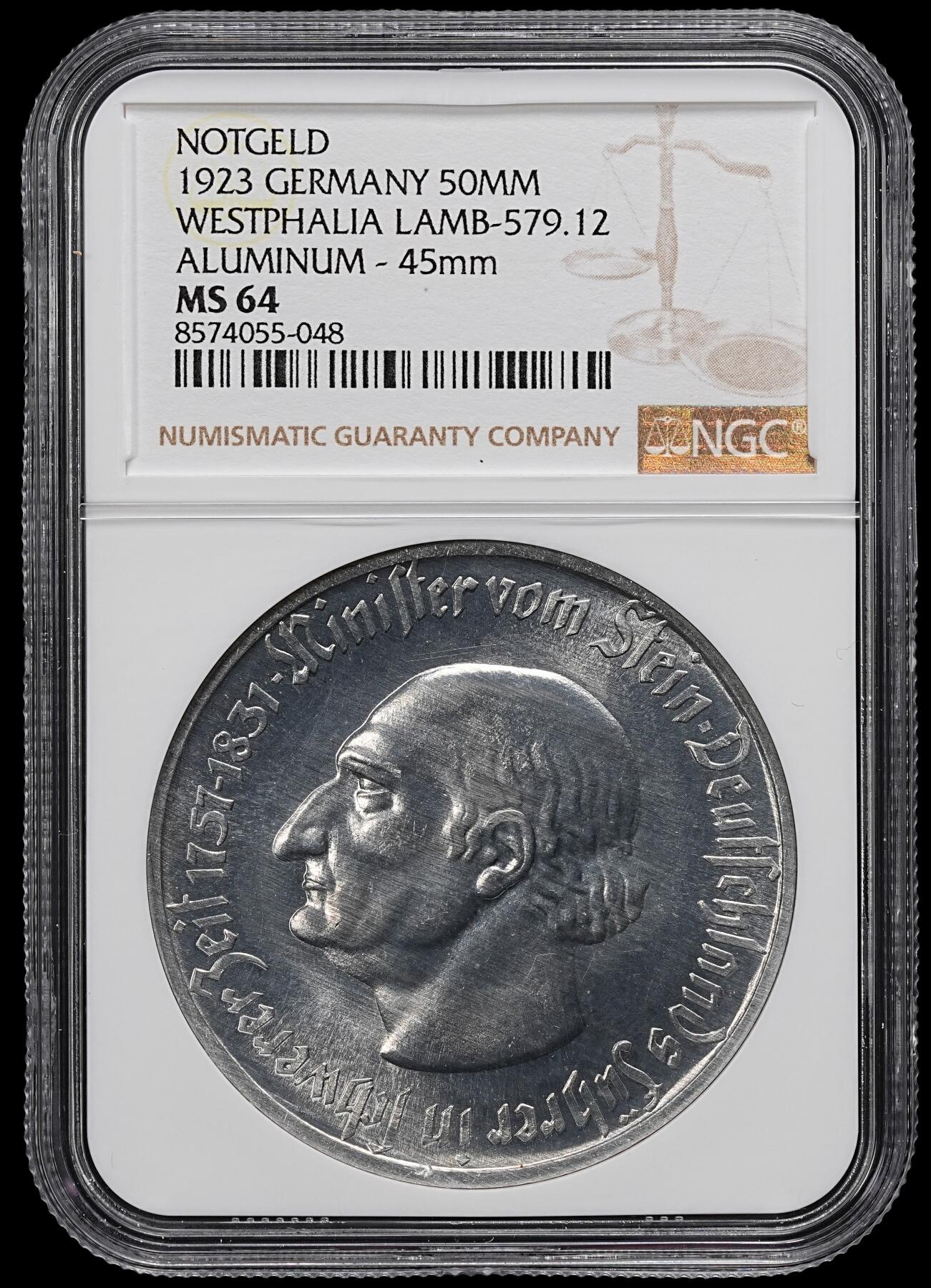 修遠堂世界钱币第九十七期 NGC MS64 1923年德国紧急时期威斯特法伦5000万马克铝马币 大型