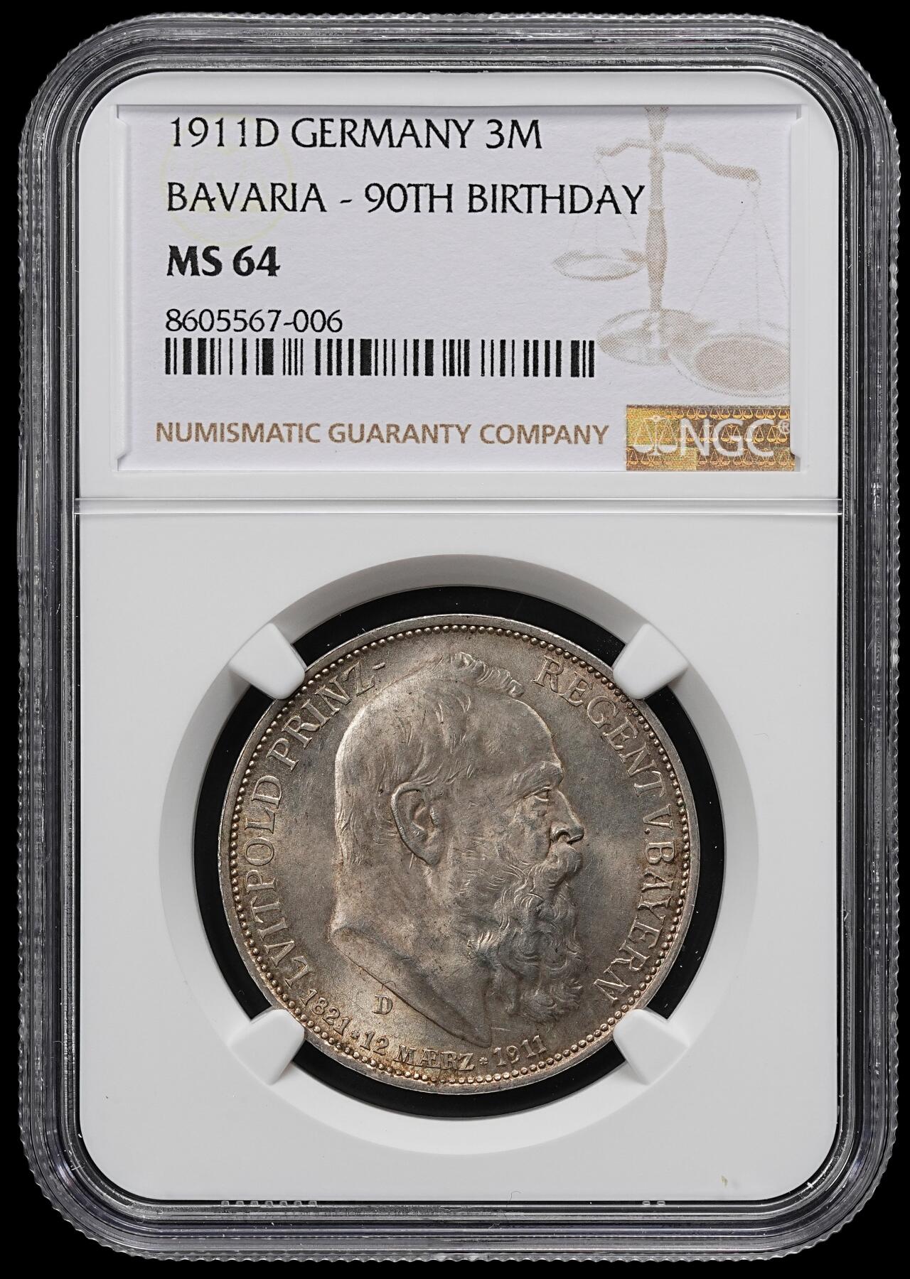 修遠堂世界钱币第九十七期 NGC MS64 1911年巴伐利亚摄政王90大寿纪念3马克银币
