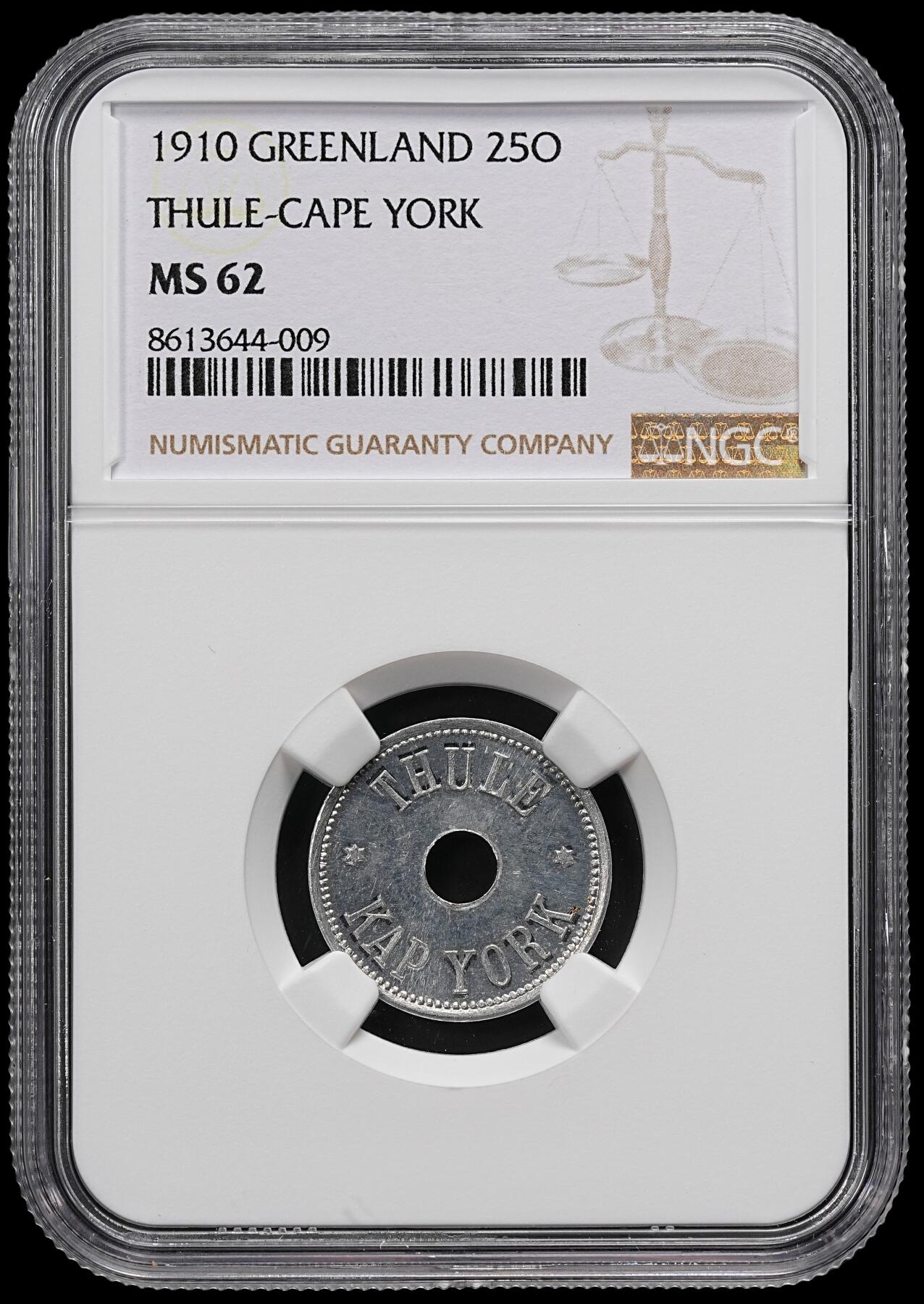 修遠堂世界钱币第九十七期 NGC MS62 1910年格陵兰-坎普.约克角25欧尔铝代用币