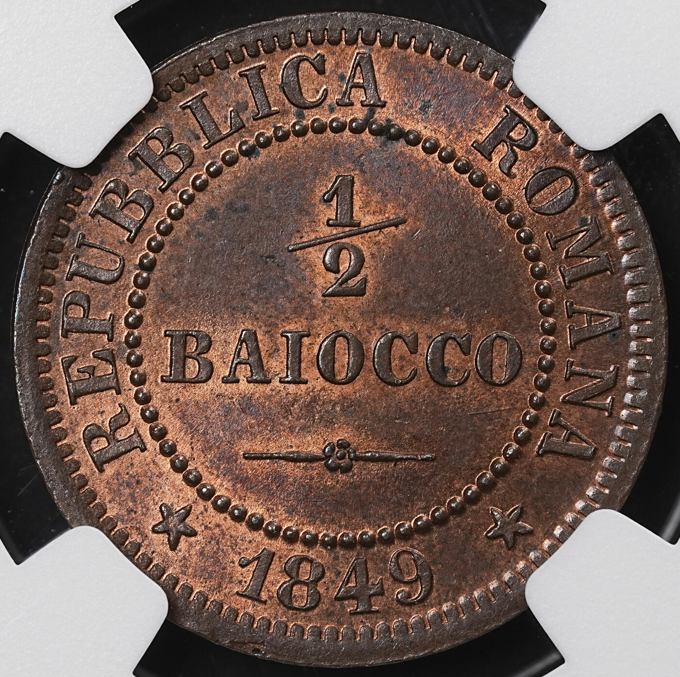 修遠堂世界钱币第九十七期 NGC MS64RB 1849年罗马共和国1/2 BAIOCCHI铜币 稀少品种 亚军分