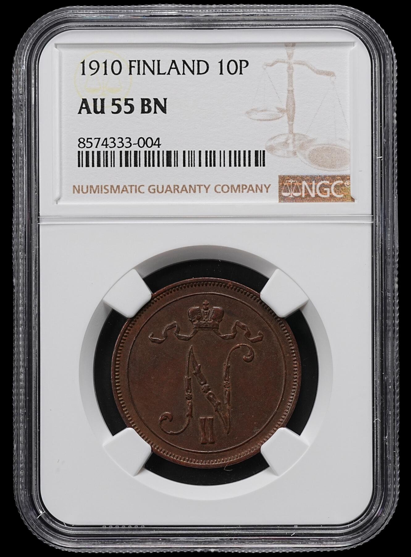 修遠堂世界钱币第九十七期 NGC AU55BN 1910年芬兰10盆尼铜币