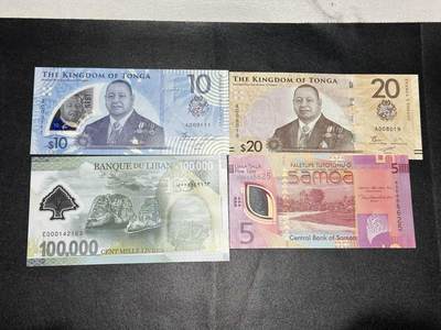 《外钞收藏家》第五百九十三期（精品场）（本平台长期征集拍品、欢迎藏友们联系合作） - A冠汤加10（豹子号111）+汤加20（倒置号）+黎巴嫩10万面额+AA冠无47萨摩亚5 四张一起 全新UNC