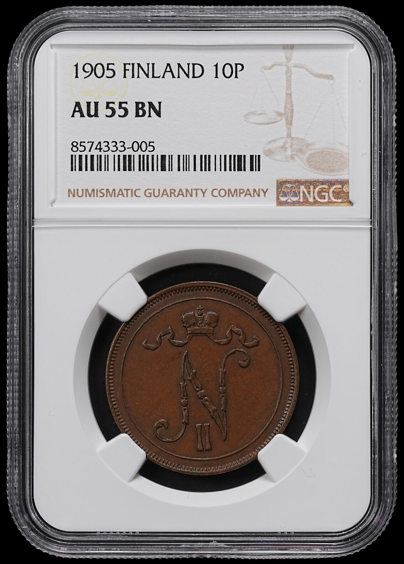 修遠堂世界钱币第九十七期 NGC AU55BN 1905年芬兰10盆尼铜币 少见年份 书价高