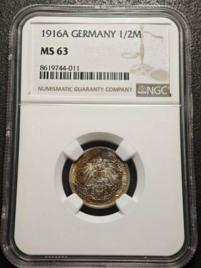 【德藏】世界币章拍卖第157期（拍品征集中~欢迎藏友联系） - 1916年 德国1/2马克银币 NGC MS63 五彩包浆不失极强原光