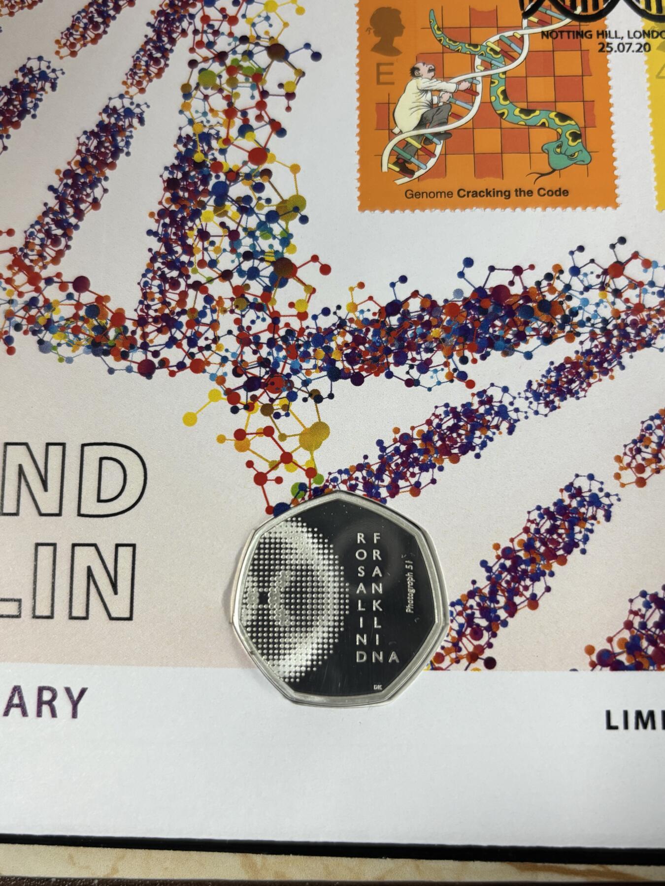 第185期拍卖 英国2020年物理学家罗莎琳德·富兰克林纪念银币首日封，925银，8克，