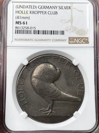 万国钱币拍卖第057期（万国冬季大拍） - NGC MS61 20世纪初德国霍勒·克罗珀霍勒鸽俱乐部纪念大银章 高浮雕霍勒鸽（又称阿姆斯特丹气球鸽）41MM非常漂亮传神 未签名未使用状态首见品种 