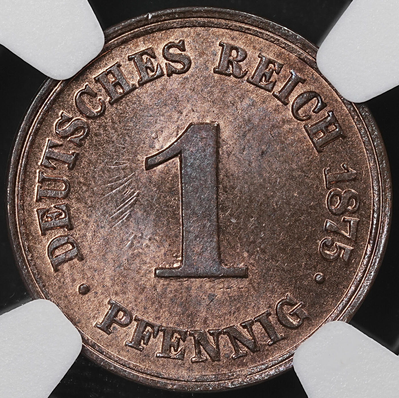 修遠堂世界钱币第九十七期 NGC MS63RB 1875年德国1芬尼铜币 A厂铭