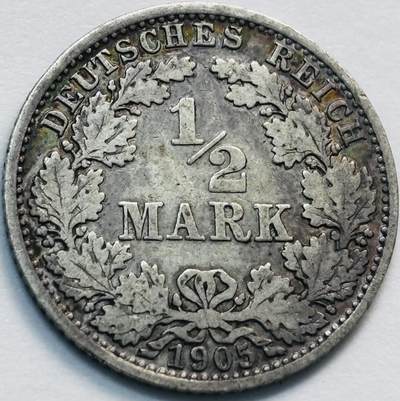 文馨钱币收藏第 285 场，【 长期接收代拍品】银币，评级币，散币场 - 1905 年德意志帝国 1/2 马克银币 A 版首发年 900 高银