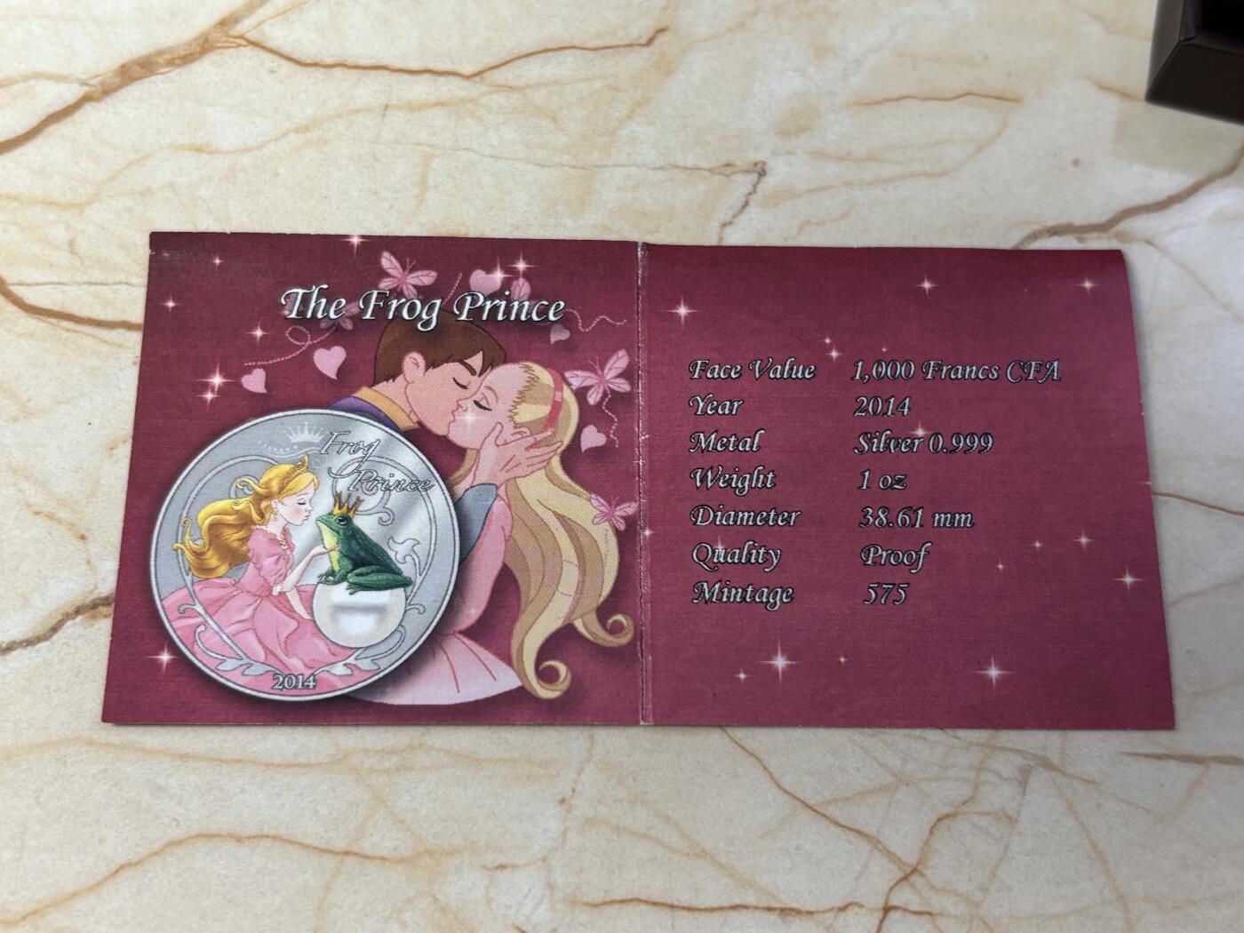 第184期拍卖 贝宁2014童话故事格林童话青蛙王子1盎司彩色银币，有瑕疵，999银银价431，发行575枚
