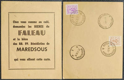 洪涛臻品批发群 精选邮票限时拍卖第1198期  - 1961年比利时票戳卡 背面文字咖啡啤酒之类的,广告？