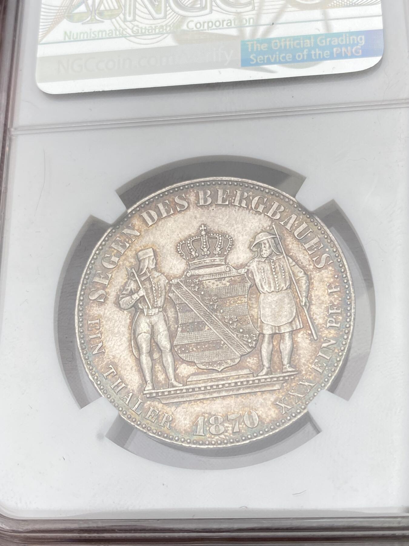 万国钱币拍卖第057期（万国冬季大拍） NGC MS63 1870年德国萨克森流通矿业泰勒银币 双矿工护盾 淡玫瑰色五彩收藏品质