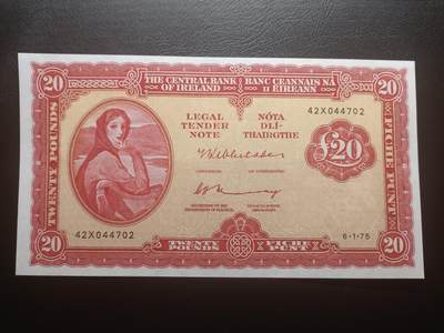 2025十二月第三期，总208期 - 爱尔兰1975年20镑AUNC，爱尔兰人格化象征“拉维利夫人”，稀有的中高面值