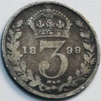 文馨钱币收藏第 285 场，【 长期接收代拍品】银币，评级币，散币场 - 1899 年英国维多利亚披纱版 3 便士银币 925 高银