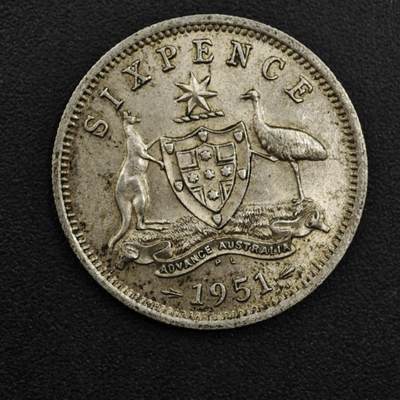 【淘币小摊】实时拍第八百二十五拍   散币场   满百包邮可预留二周 每周一统一发货   - 澳大利亚1951年乔治六世6便士银币