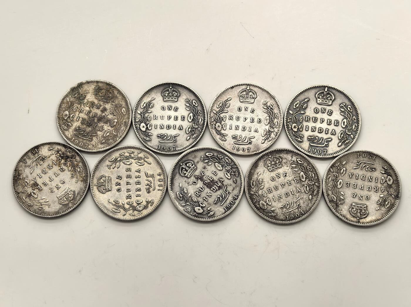 博洋堂世界钱币拍卖第151期（全场包邮） 英属印度1904、07年爱德华七世1卢比银币一组9枚