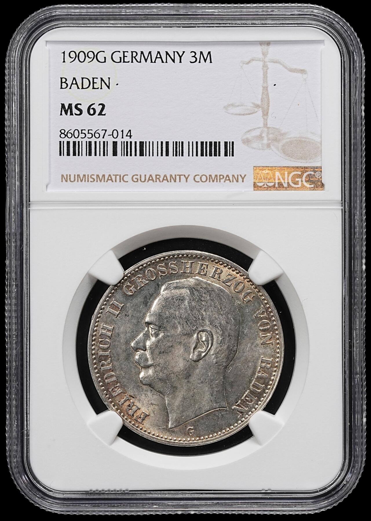 修遠堂世界钱币第九十七期 NGC MS62 1909年巴登3马克银币