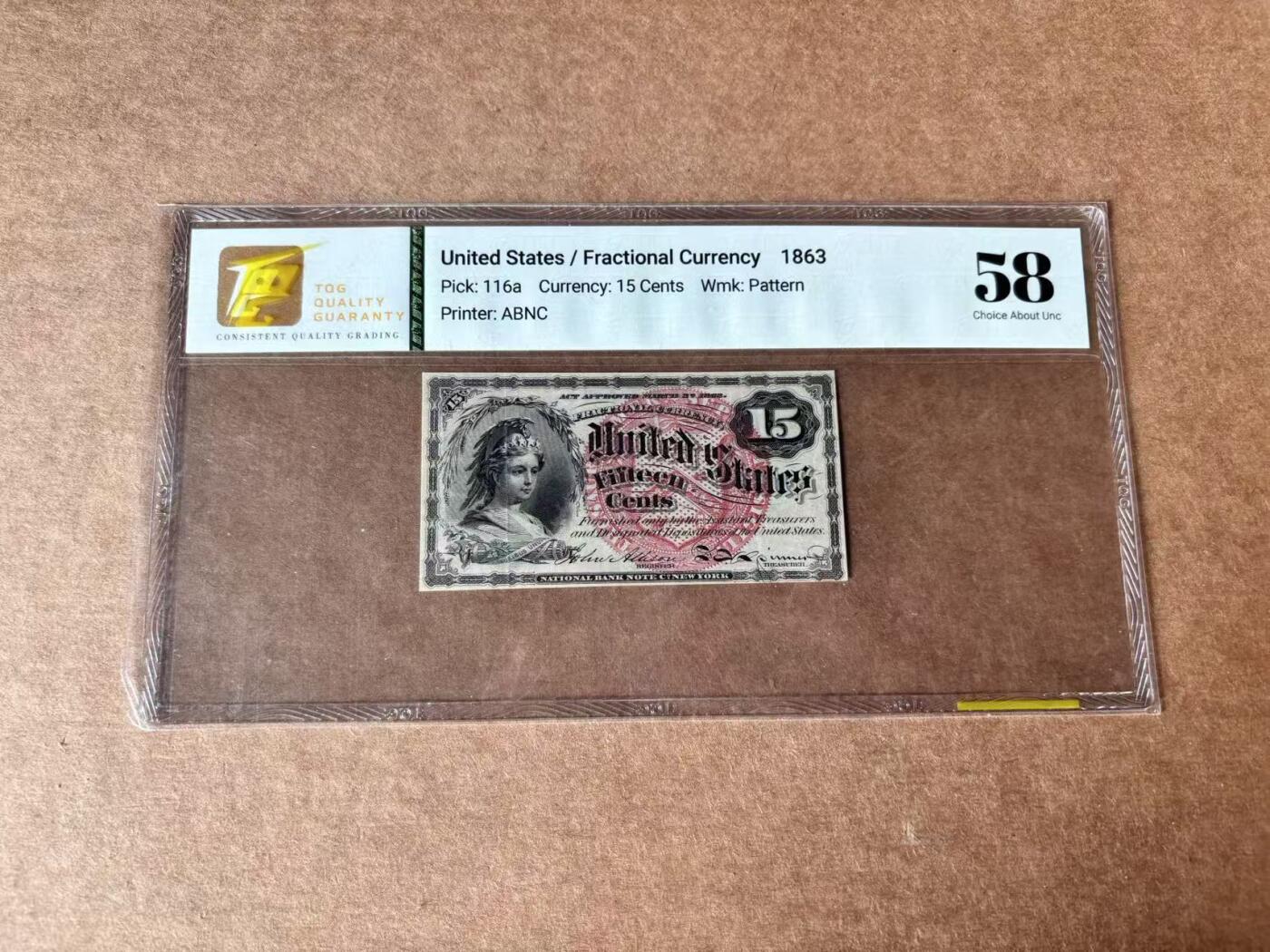【Blue Auction】世界纸币精拍第761期——18级TOP拍卖/信誉/品质/专业/高效💫 美国 1863年15美分 大红库印 TQG58