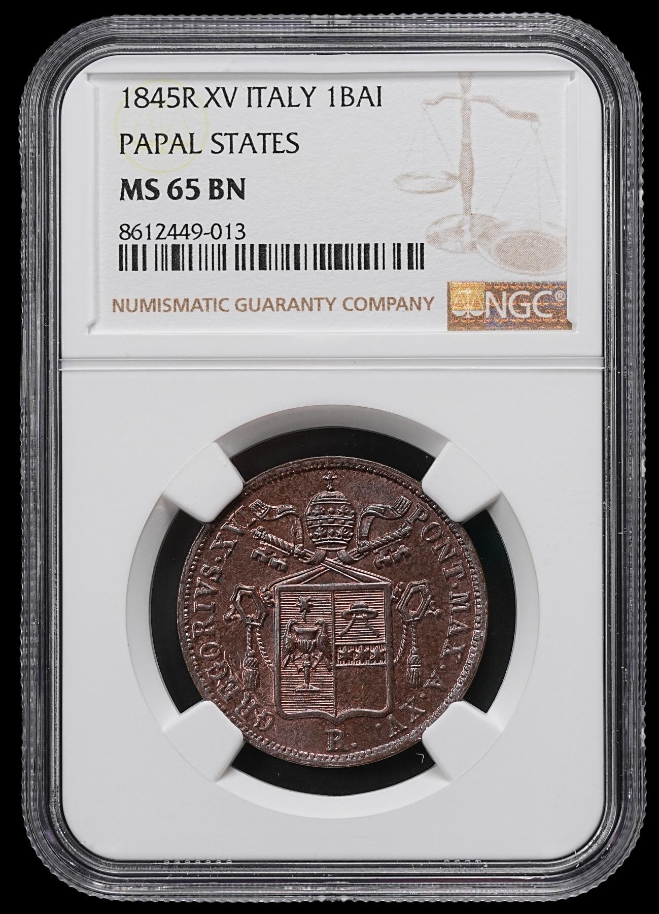 修遠堂世界钱币第九十七期 NGC MS65BN 1845年教皇国1 BAIOCCO铜币 唯一冠军分