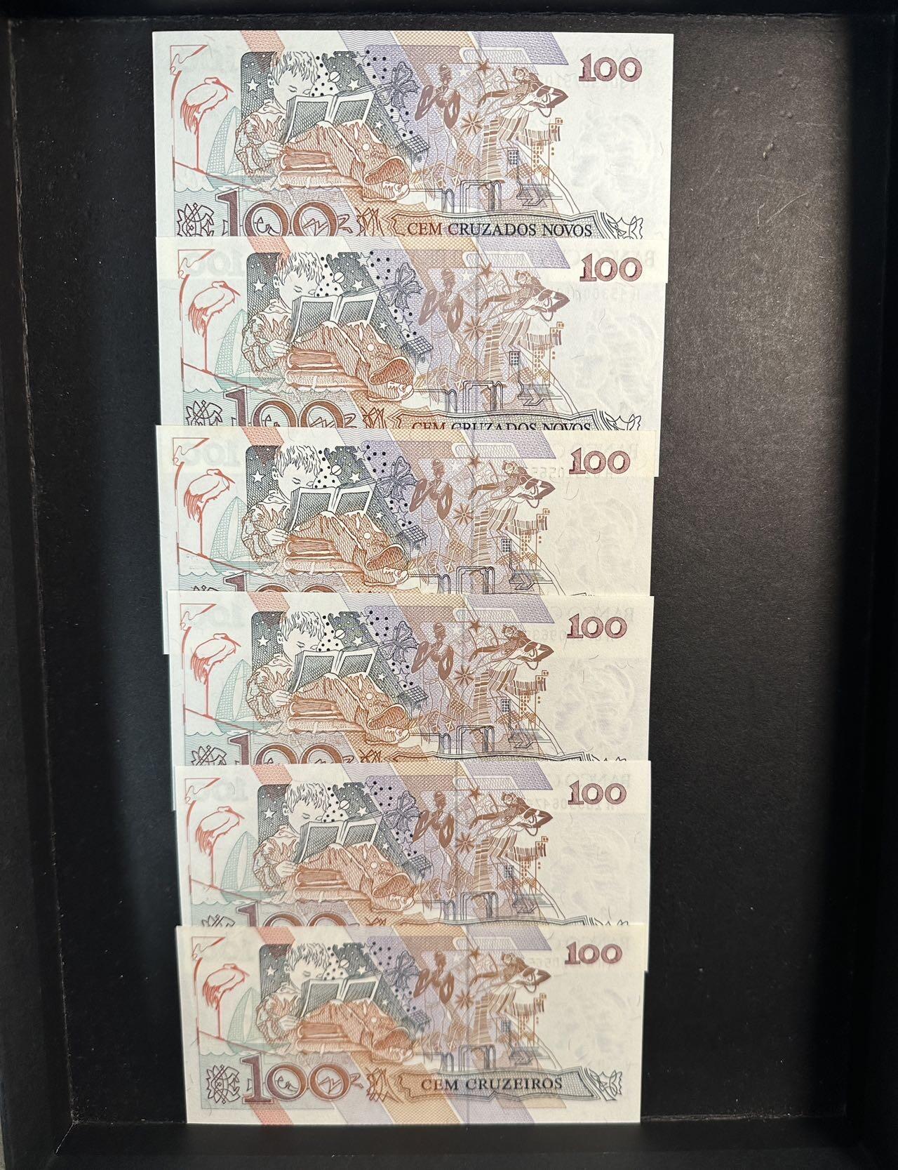 蒂克钱币-第51场 外国平价纸币最后一场 巴西1989-1990年版100克鲁塞罗纸币 6枚 全新UNC