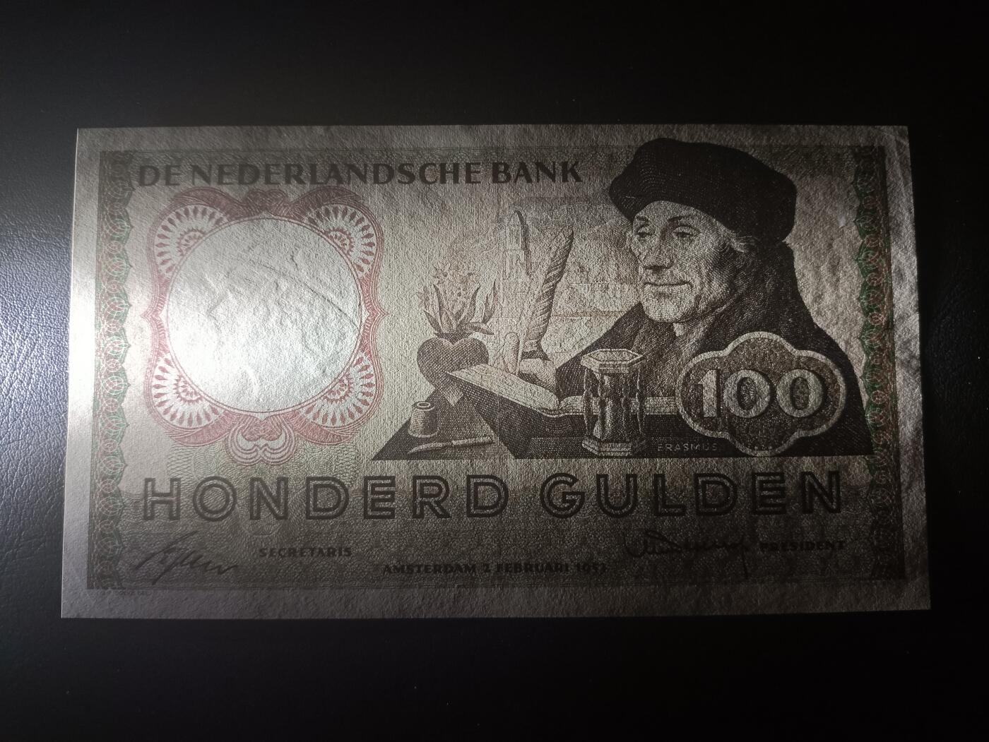 2025十二月第三期，总208期 荷兰1953版100盾AUNC，哲学家伊拉斯谟