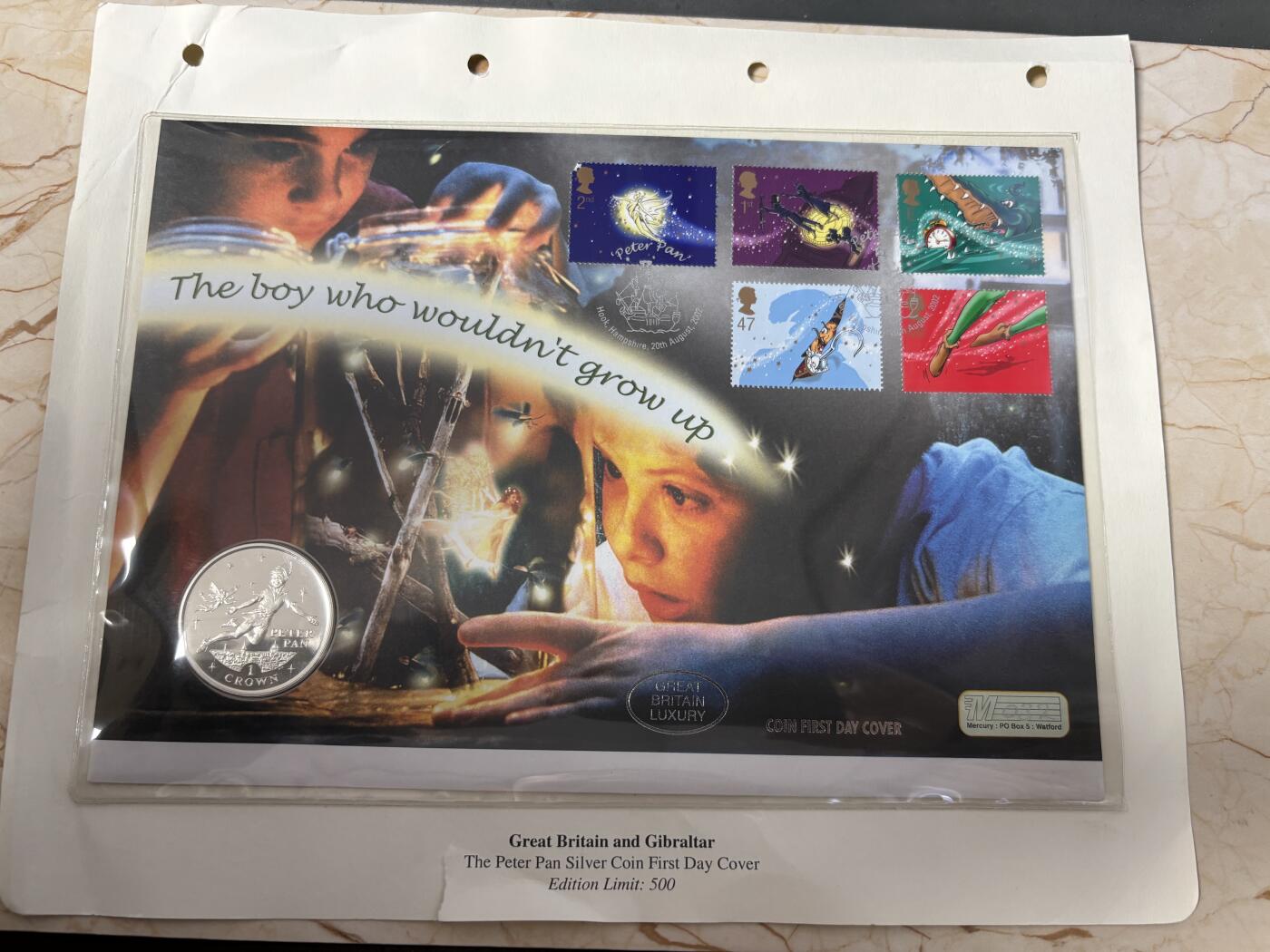 第185期拍卖 直布罗陀2002年《彼得·潘》小飞侠纪念银币首日封，925银，28.28克【银价378】