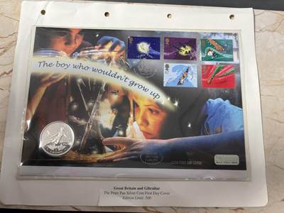 第185期拍卖 - 直布罗陀2002年《彼得·潘》小飞侠纪念银币首日封，925银，28.28克【银价378】