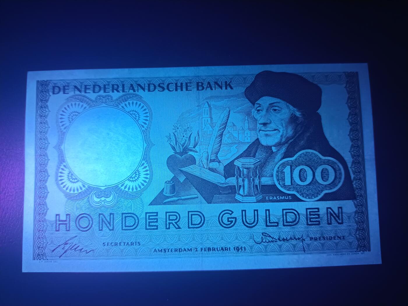 2025十二月第三期，总208期 荷兰1953版100盾AUNC，哲学家伊拉斯谟