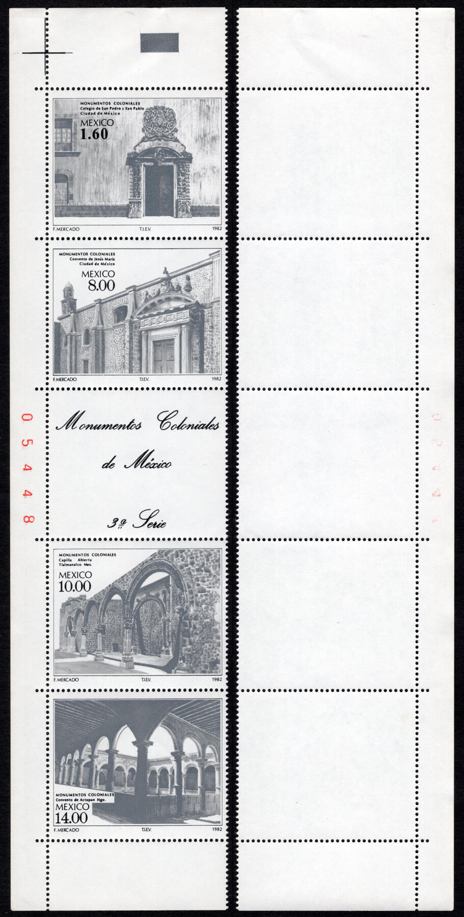洪涛臻品批发群 精选邮票限时拍卖第1199期  墨西哥1982 殖民地纪念碑 红数字边+色标+十字线联票 全品!【2017标价$15美元】