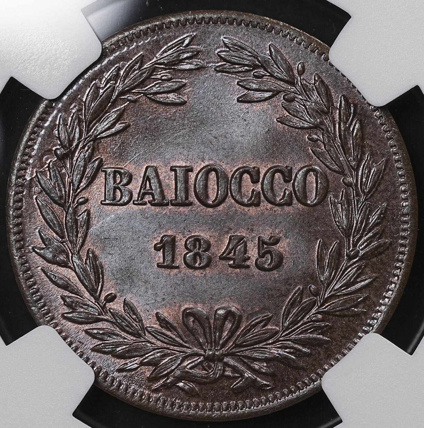 修遠堂世界钱币第九十七期 NGC MS65BN 1845年教皇国1 BAIOCCO铜币 唯一冠军分