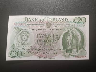 2025十二月第三期，总208期 - 爱尔兰银行1983年开业200周年20镑纪念钞AUNC首冠A，爱尔兰女神和银行大楼与代表性物产