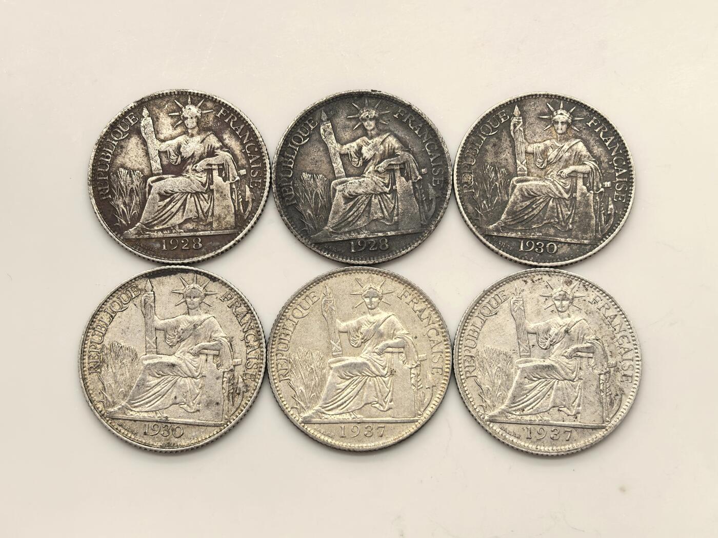 博洋堂世界钱币拍卖第151期（全场包邮） 法属印支坐洋二角银币一组6枚，均为原光原味好品