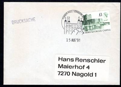 洪涛臻品批发群 精选邮票限时拍卖第1198期  - 英国1991年寄德国实寄封,1英镑卡里克弗格斯城堡,带原始内件