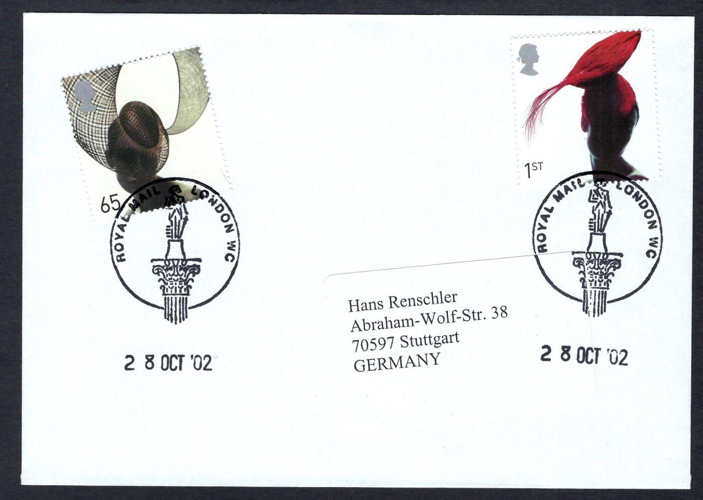 洪涛臻品批发群 精选邮票限时拍卖第1198期  英国2002年寄德国实寄封 女性帽子