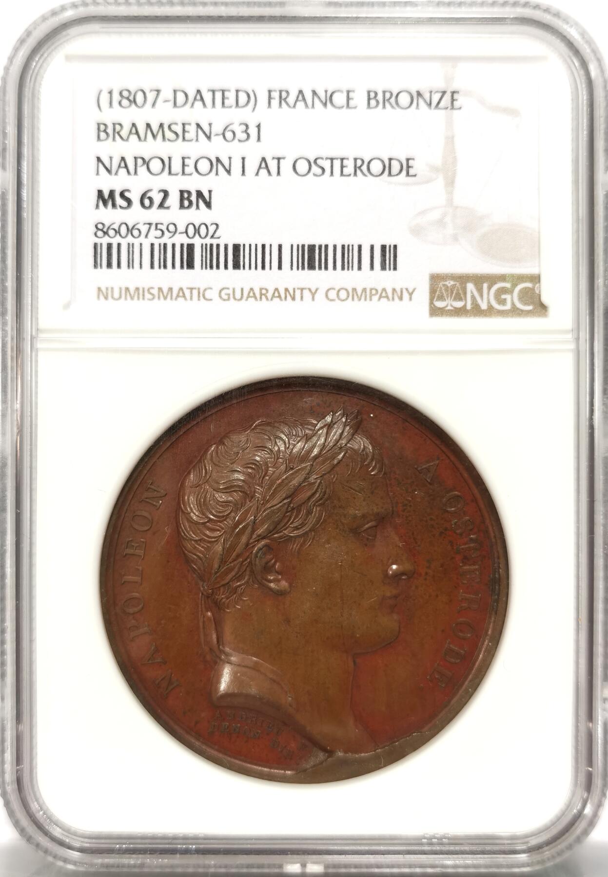 博洋堂世界钱币拍卖第151期（全场包邮） NGC MS62BN 法国1807年拿破仑一世在奥斯特罗德原铸铜章 稀见好品种 巴黎造币厂油光巧克力包浆 状态一流 拿破仑于1807年2月至4月驻扎在波兰的奥斯特罗德，等待来自法国的增援。背面法比乌斯，古罗马政治家军事家，公元前3世纪罗马将军，以在第二次布匿战争中采用拖延战术对抗汉尼拔、挽救罗马于危难而闻名。这种被称为“法比乌斯战略”的策略为罗马最终胜利做出了贡献，拿破仑显然也希望效仿先贤取得胜利