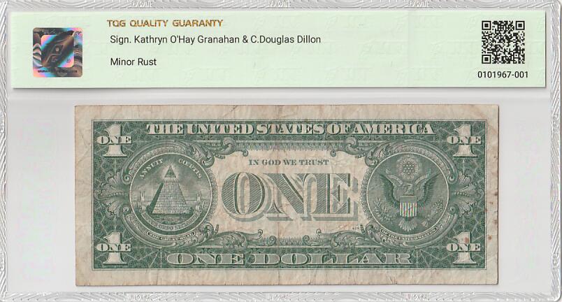 2025十二月第三期，总208期 美国1957B年版银币券1元TQG20分，由于正面号码印刷偏移失误造成了一种有趣的错版品种