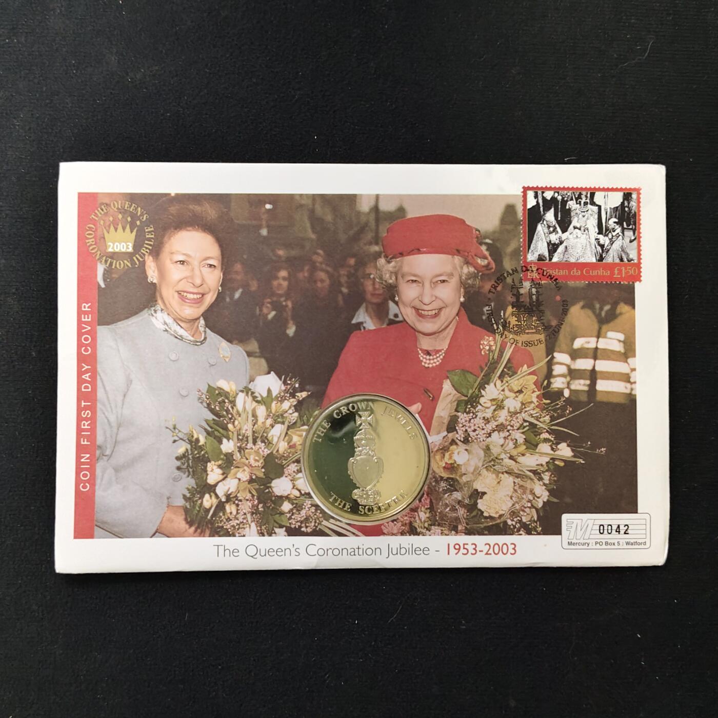 【全场包邮】纯粹捡漏拍485场（免费代拍第22场） 【邮币封】特克斯和凯克斯群岛2004年5克朗女王加冕五十周年克朗型纪念币邮币封