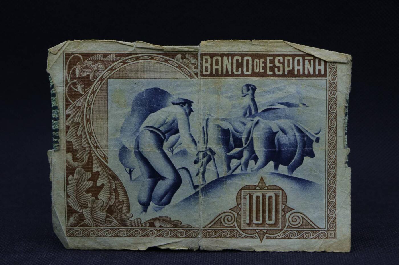 【淘币小摊】限时拍第八百二十八拍  纸币场  满百包邮可预留两周  周一统一发货    西班牙1937年100比赛塔纸币【有折】